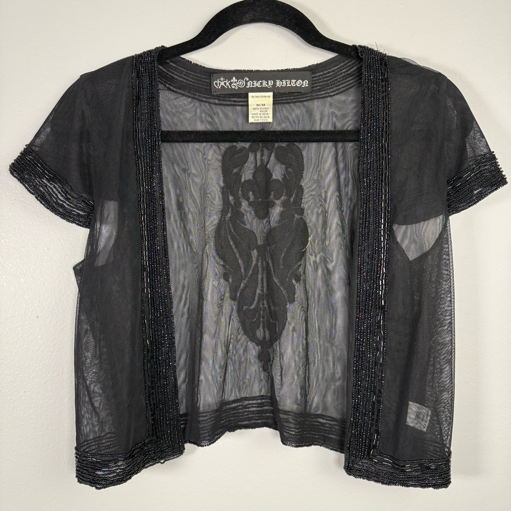 Chick by Nicky Hilton Black Sheer Beaded Shrug Top Cardigan Short Sleeve M Y2K